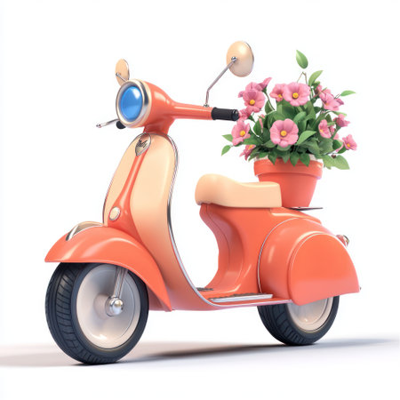 Retro scooter with flowers on a white background. 3d renderingの素材
