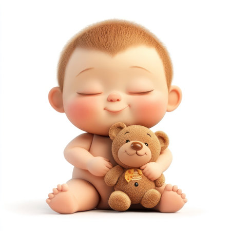 Cute little baby boy with teddy bear toy isolated on white backgroundの素材