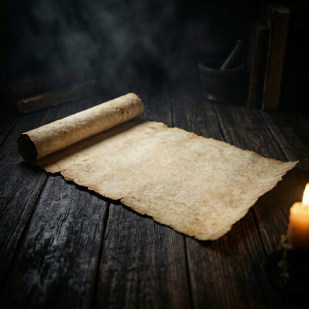 Blank ancient parchment scroll unrolled on a dark rustic wooden table, featuring atmospheric lighting, vintage books, and a glowing candle in the background.