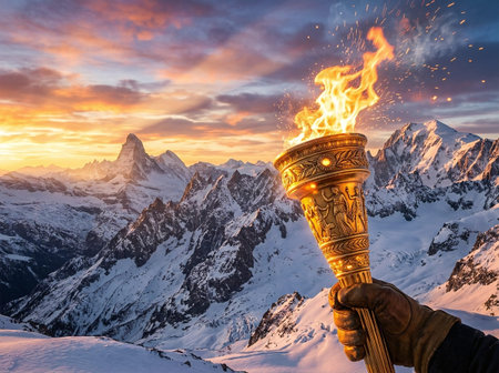 A lit torch in hand with fiery flame against a snowy mountain landscape at dawn