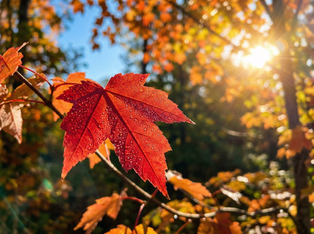 A single red maple leaf glows in the warm autumn sunlight, with blurred trees and blue sky in the background.