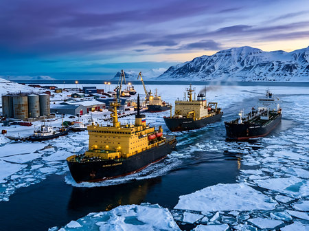 Two icebreaker vessels breaking through icy Arctic sea at twilight with dramatic cloudy sky and distant mountains