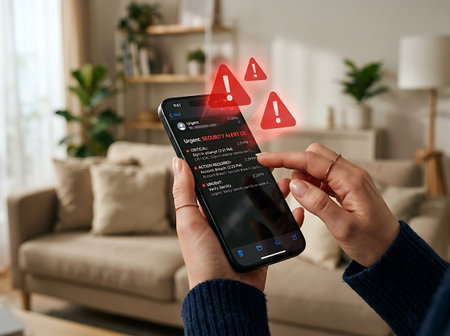 Phone security alert, urgent emails, phishing attempt, account issue, identity verification.