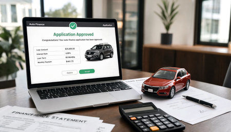 Digital car loan approval status shown on laptop with model car and finance documents.