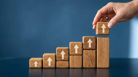 Stacking wooden blocks with upward arrows symbolizing business growth success.