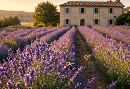 Lavender field rows leading to old farmhouse with flying bees in summer sunset.
