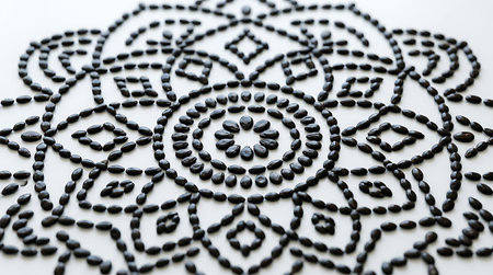Coffee bean art, mandala design, intricate patterns, dark brown beans, white plate background.