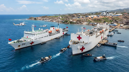 International medical navy ships anchored near shore delivering emergency humanitarian relief aid.