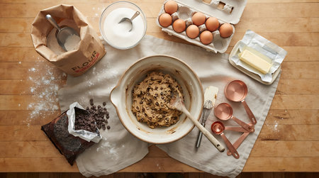 Overhead view of chocolate chip cookie dough in bowl with baking ingredients on wooden table.