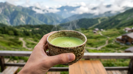 Steaming bowl of matcha green tea held over scenic mountain vista terrace.