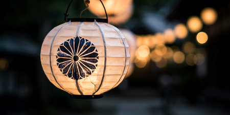 Traditional paper lantern with floral crest glowing in night festival.