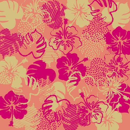 Hibiscus and monstera tropical backgroundのイラスト素材