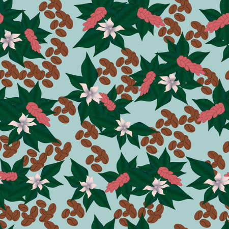 Seamless vector pattern with coffee tree illustration, beans and flowers