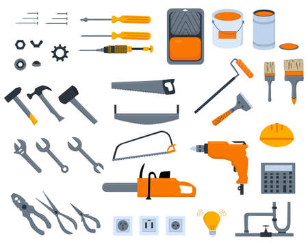 Set with different work tools, vector flat illustration. Electricity, home repair, home renovation conceptのイラスト素材