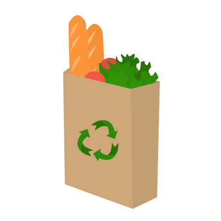 Kraft paper gr cery bag with fresh vegetables and bread. Flat vector illustration. Oganic, eco and naturale conceptのイラスト素材