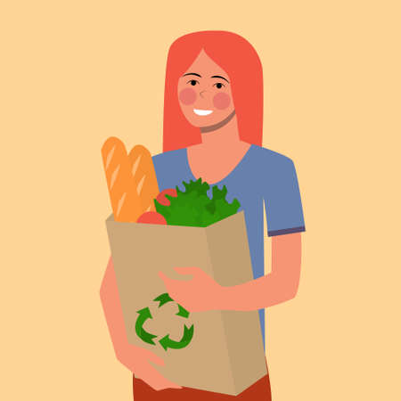Ginger sweet yong girl with grocery bag, flat vector illustration. Oganic, eco and naturale conceptのイラスト素材