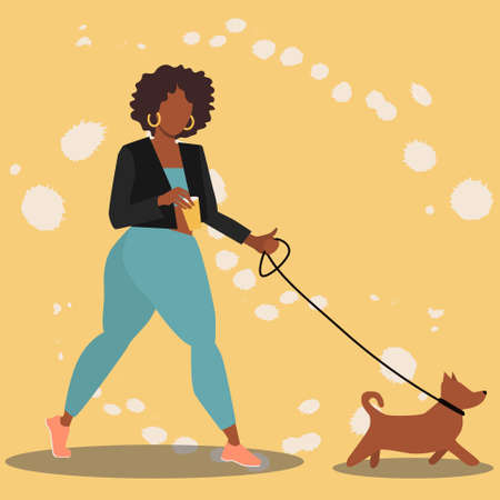 Beautiful afro women in leather jacket walking with dog and drinking coffee. Best friend, alking with pet concept. Flat vector illustrationのイラスト素材
