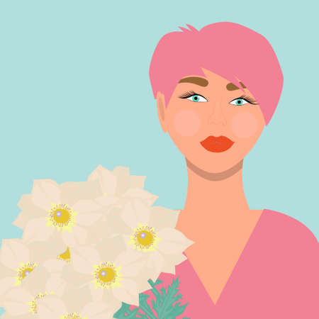 Beautiful women with short pink hair and daisies flowers, vector illustration.のイラスト素材