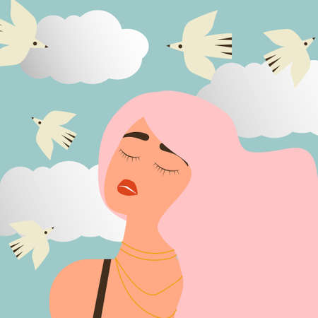 Beautiful girl with pink hair and red lipstick looks at the sky and dreams about something. Blue background with clouds and birds. Vector flat illustrationのイラスト素材