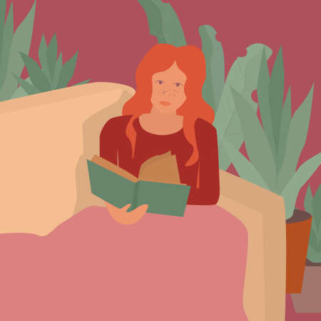 Young sweet ginger girl is resting at a cozy home and read a book. Background with indoor flowers. Character vector illustationのイラスト素材