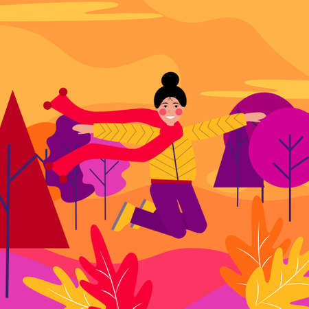 Beautiful girl in a red scarf and yellow jacket jumping against the background of an autumn park or forest. Vector flat illustration in orange, red and purple colorのイラスト素材