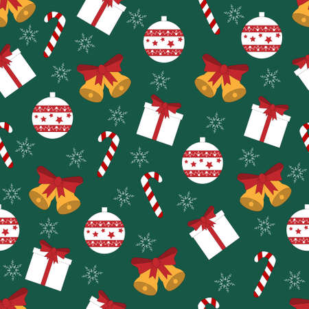 New Year, Christmas, winter seamless vector pattern with bells, christmas ball, present box, candy cane and snowflake.のイラスト素材
