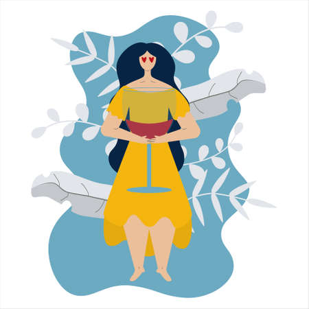 Beautiful woman in yellow dress drink wine lean on bottle.のイラスト素材