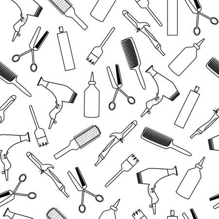 Black and white hairdresser tools seamless pattern with curling iron, hair blow, comb, bruh and hair spray. Outline vector illustration.のイラスト素材