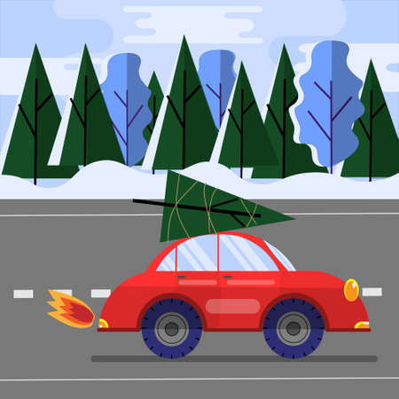 Small red retro car with christmas tree fir on the top. Winter landscape. Christmas and New Year concept. Road through the forest. Preparation for the holiday. Flat illustration.のイラスト素材