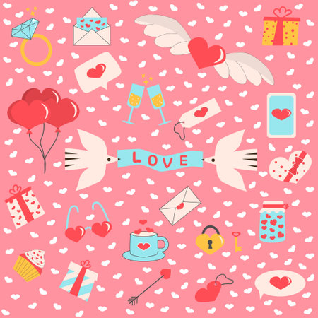 Set for Valentine's Day with different hearts elements like a lock, ring, glass jar, ballons and others. 14 february, Valentine's Day, Love, wedding concept. Flat vector illustration.のイラスト素材