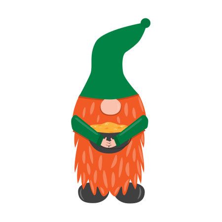 St. Patrick s Day leprechaun. Cute funny garden gnome holding pot with gold. Cartoon vector isolated illustration for pub invitation, t-shirt design, cards or decorのイラスト素材