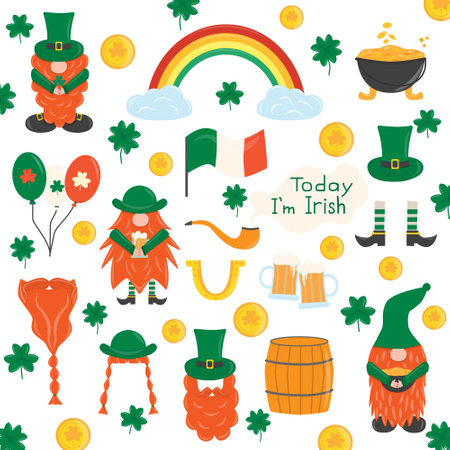 Elements for St. Patricks Day. Set with leprechauns, horseshoe, clover, beer, barrel, beards, golden pot, rainbow. Cartoon illustration for pub invitation, t-shirt design, card, decorのイラスト素材