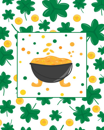 St. Patrick's day banner with golden pot and pattern with clover and money. Design for greeting or post card, festive invitation, flyer, holiday decoration, pub menu, template. Flat vector illustrationのイラスト素材