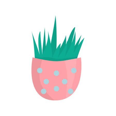 Little pink pot with polka dot with grass. Flat vector isolated illustrationのイラスト素材