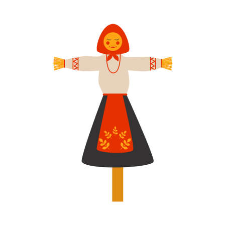 Scarecrow - symbol of the traditional holiday carnival about Russian Pancake week. Translation Shrovetide or Maslenitsa. Spring festival. Flat vector isoleted illustrationのイラスト素材