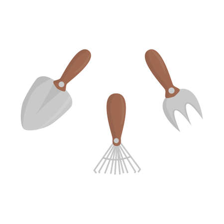 Set with small hand rake, shovel and fork. Flat illustration. Isolated on white background.のイラスト素材