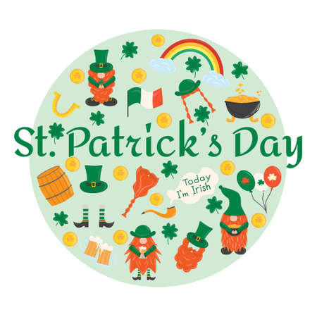 Elements for St. Patrick s Day. Set with leprechauns, horseshoe, clover, beer, barrel, irish gnomes, beards, golden pot, rainbow. Cartoon illustration for pub invitation, t-shirt design, card decorのイラスト素材