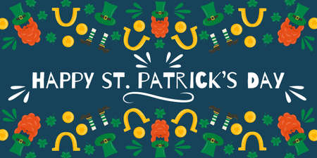 Banner for St. Patrick's day with leprechaun head mask, clover, coin, horseshoe, gnome hat ang shoes. Design for greeting or post card, festive invitation, flyer, decoration, pub menu. Flat illustration.のイラスト素材