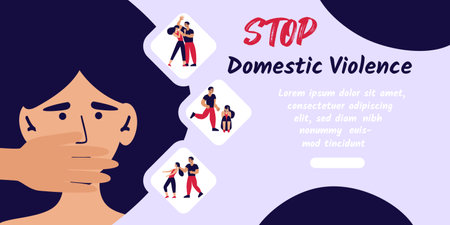 Stop domestic violence banner. Social issues, abuse and agression on women, harassment and bullying. Violence against woman. Flat vector illustration, isolated on a white background.のイラスト素材
