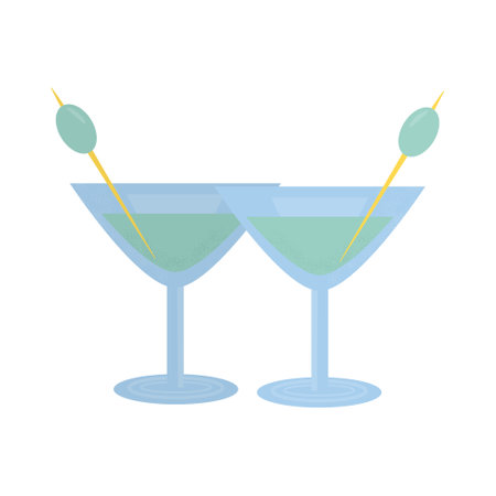 Two martini glass with olive. Party, pub, restoraunt or club element. alcohol coctail with vermouth. Vector illustration, isolated on a white background.のイラスト素材