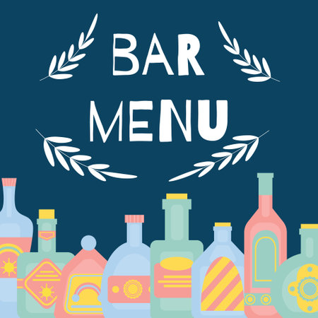Bar menu concept with different bottles of alcohol drinks. Party, pub, restoraunt or club banner. alcohol coctail. Vector flat illustrationのイラスト素材