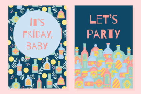 Bar menu, Let s party, it's friday baby concept with different bottles of alcohol drinks. Party, pub, restoraunt, club banner or post card. alcohol coctail. Vector flat illustrationのイラスト素材
