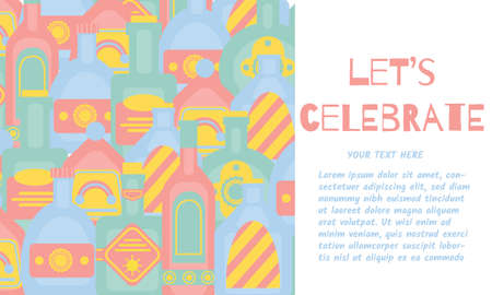 Bar menu, Let s celebrate concept with different bottles of alcohol drinks. Party, pub, restoraunt or club banner. alcohol coctail. Vector flat illustrationのイラスト素材