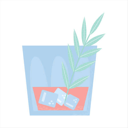 Glass with whiskey or cocktail and twig. Party, pub, restoraunt or club element. alcohol coctail with vermouth. Vector flat illustration, isolated on a white.のイラスト素材