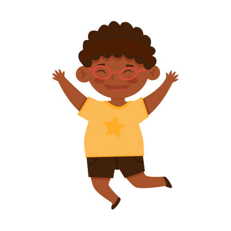 Cute little smilinng afro american boy in the glass and yellow t-shirt jumping. Cartoon vector illustration, isolated on a white backgroundのイラスト素材
