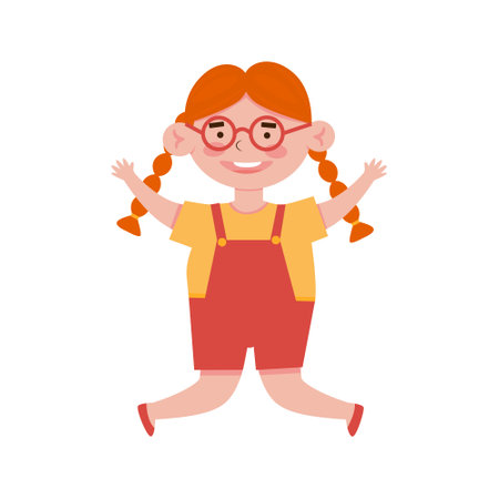 Cute little smiling ginger girl in the red overall jumping. Cartoon vector illustration, isolated on a white backgroundのイラスト素材