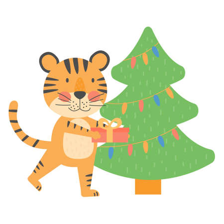 Tiger put gift box under the christmas tree, present, symbol of 2022 year. New year mascot. Cute vetor flat animal character, isolated on a white backgroundのイラスト素材