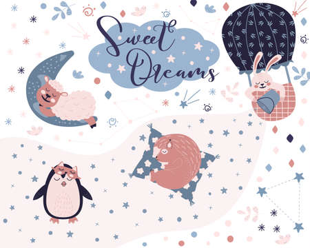 Sweet Dreams set with cute sheep on the moon, spuirrel on a pillow, penguin in sleep mask and bunny on tne balloon. Animals on the starry fantatic sky. Vector good nignt conceptのイラスト素材