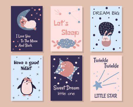 Set with six greeting cards of Good Night concept. Cute sheep on moon, squirrel on pillow, penguin in sleep mask and bunny on balloon. Vector Sweet Dreams illustrationsのイラスト素材