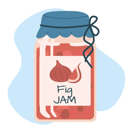 Fig Jam, fruit healthy delicious in jar. Organic food cartoon vector illustration, isolated on a white background. Used for magazine, poster, menu, web pagesのイラスト素材